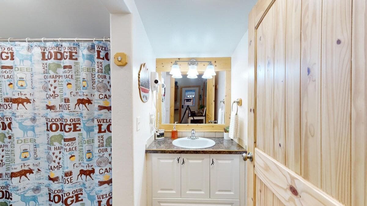 The bathroom has a sink vanity, shower tub combo, and a toilet.